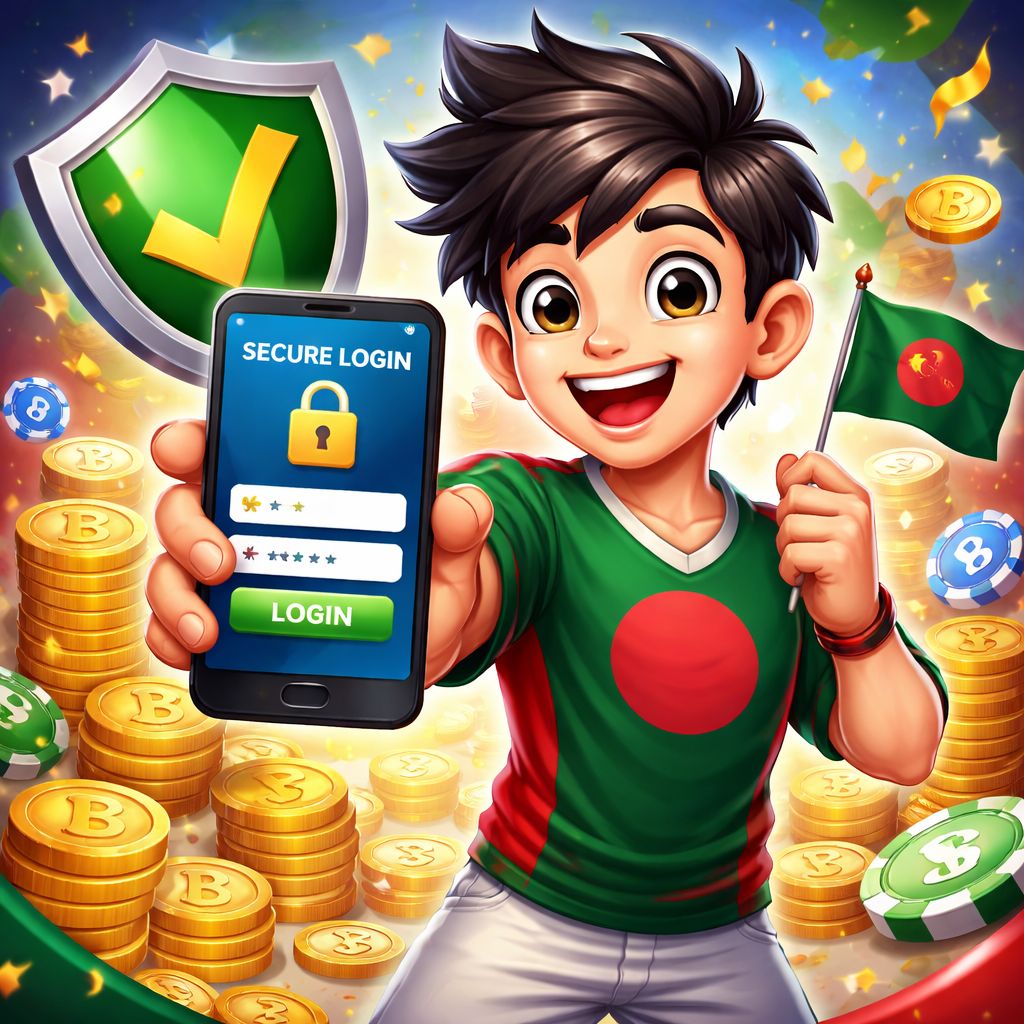 CK44.COM themed cartoon character using a mobile login screen with coins and secure symbols